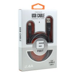 Type C / USB-C 2.4A Braided Cloth Strong Durable Charge and Sync USB Cable 6FT Recommended for Android (Black)